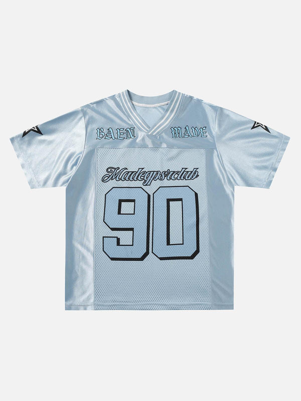 Light blue V-neck jersey T-shirt by TALISHKO, featuring bold number 90 on the front.