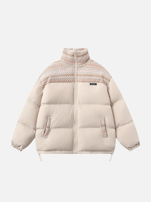 Front view of the TALISHKO Nordic patterned winter coat in apricot, featuring intricate detailing.