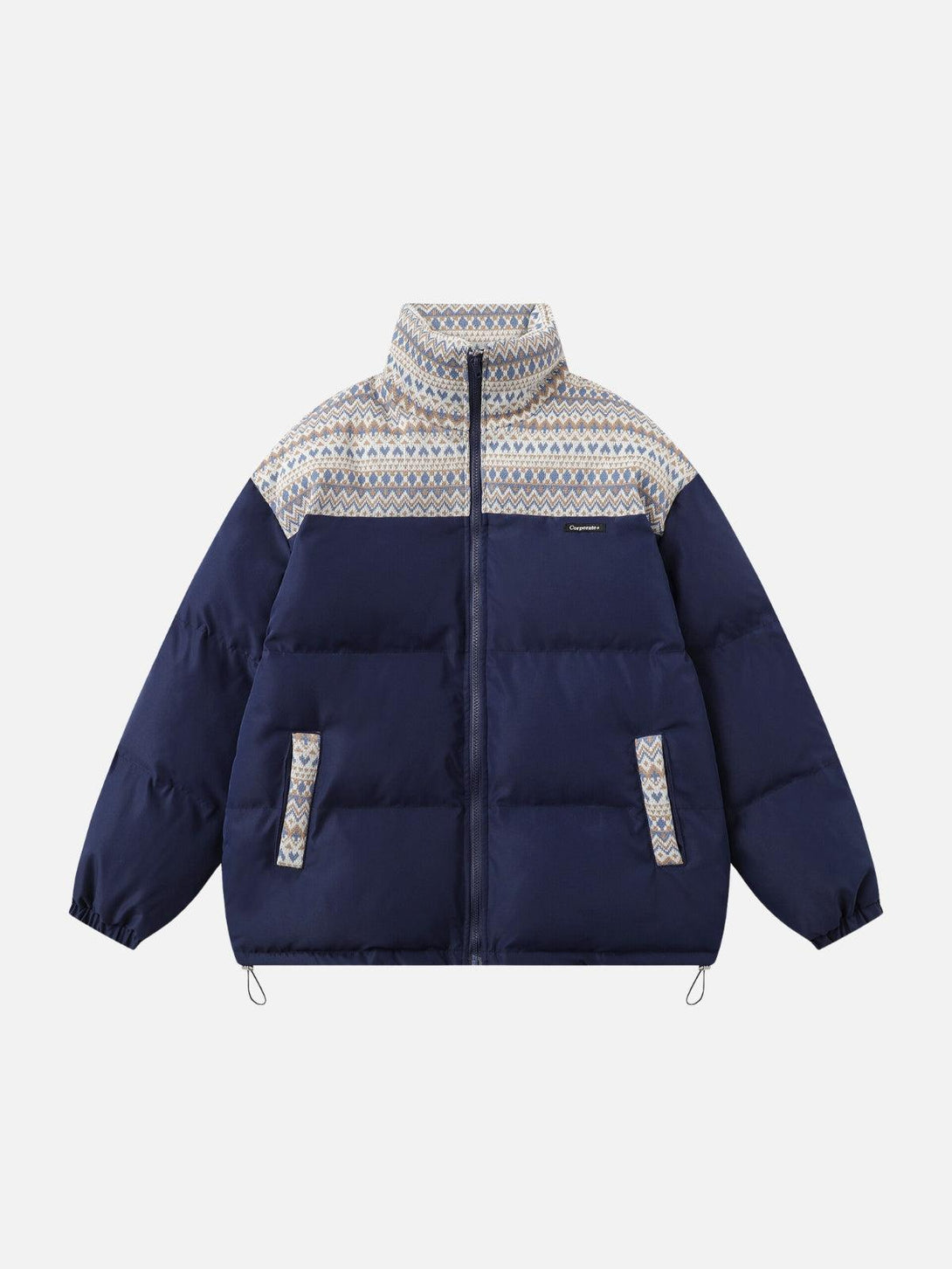 Front view of the TALISHKO Nordic patterned winter coat in navy, featuring unique detailing.