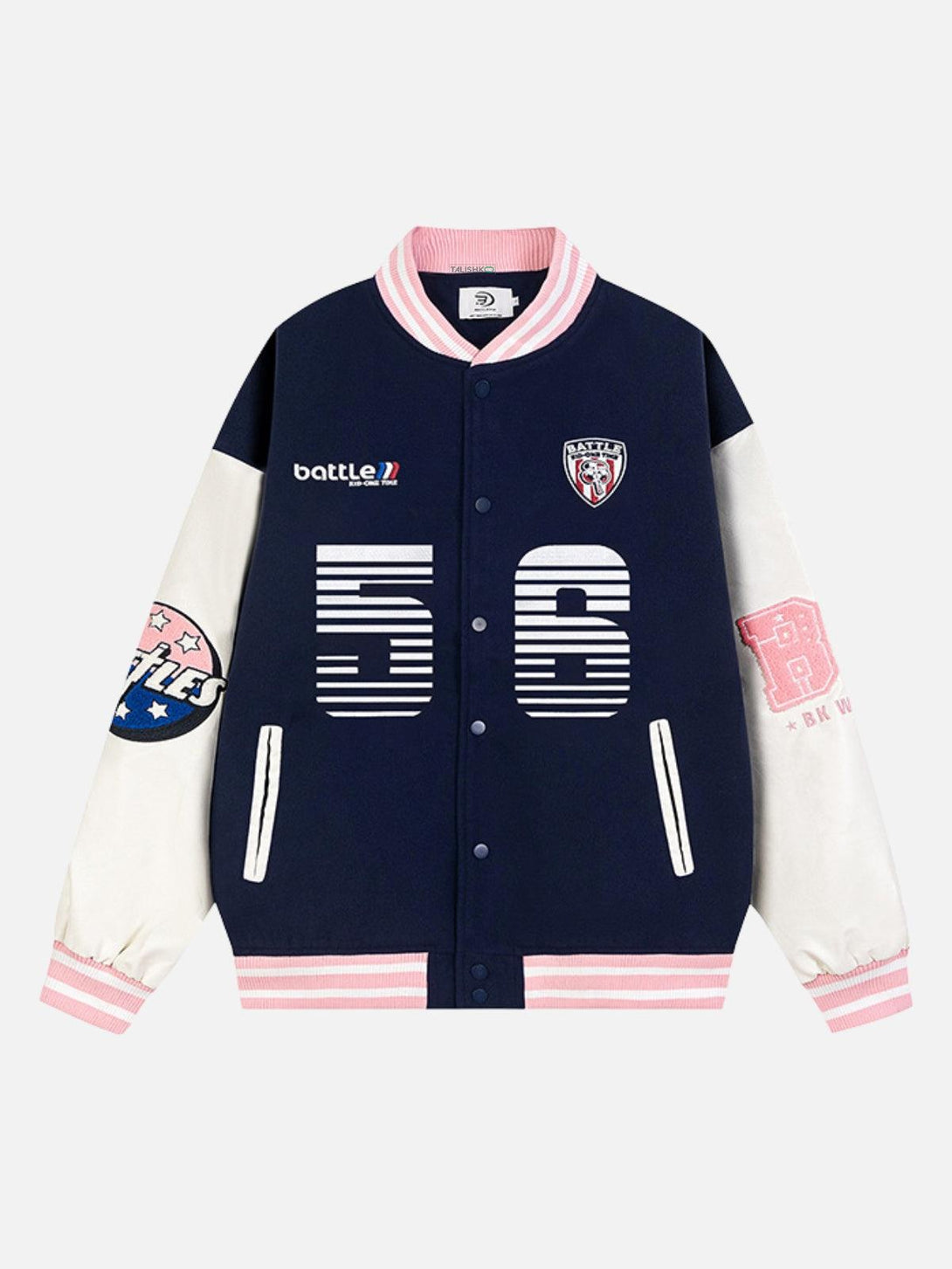 Front view of a pink and navy baseball jacket by TALISHKO, featuring number 56 embroidery.