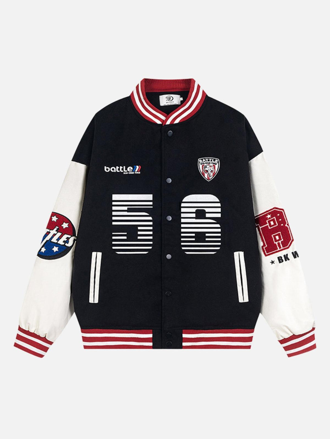 Front view of a red varsity jacket by TALISHKO, featuring bold embroidery and sporty details.