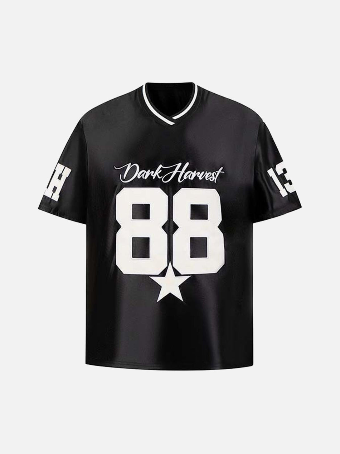 Front view of a black sports jersey T-shirt with "88" print and star detail by TALISHKO.