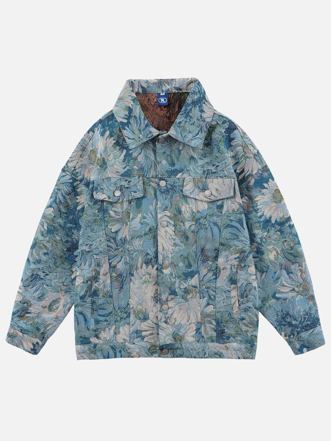 Front view of a blue floral jacquard denim jacket by TALISHKO, showcasing artistic detailing.
