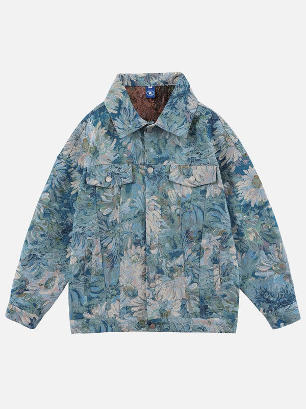 Front view of a blue floral jacquard denim jacket by TALISHKO, showcasing artistic detailing.