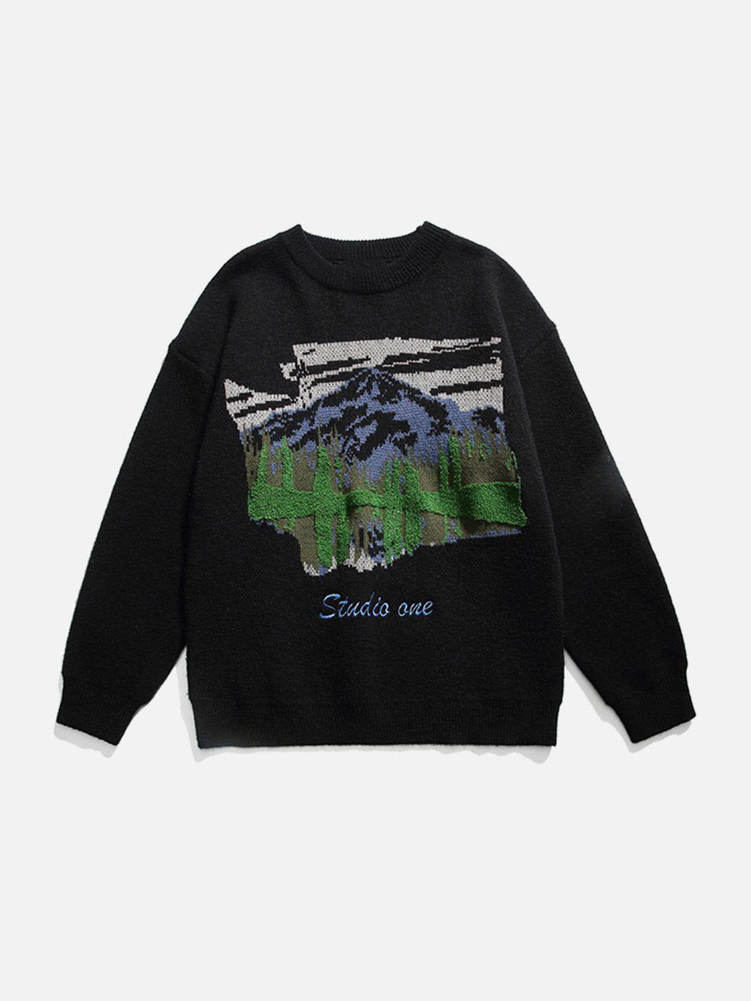 Front view of TALISHKO black sweater featuring a mountain landscape design, ideal for casual wear.