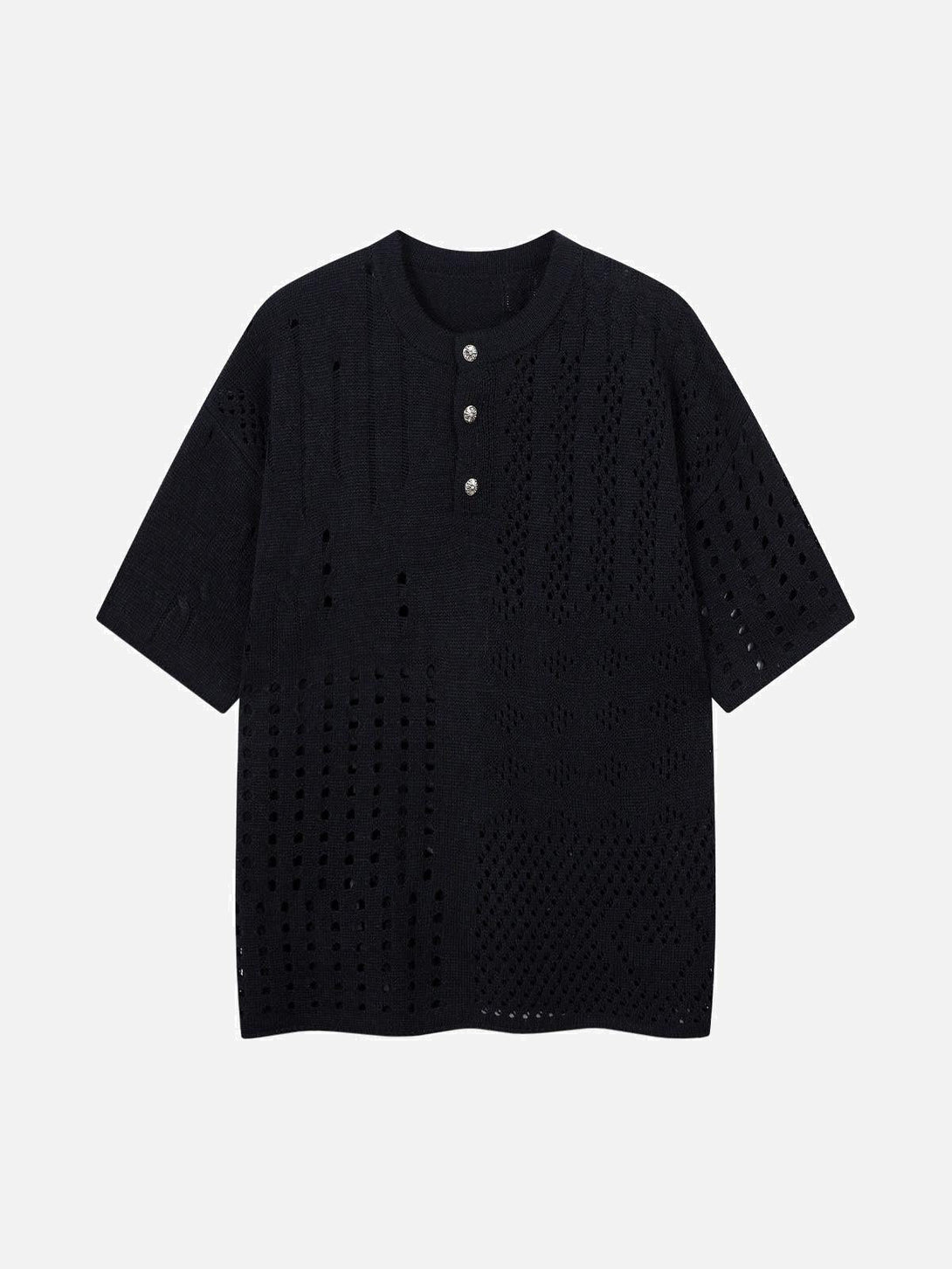 Front view of a black openwork knit short-sleeve sweater by TALISHKO, featuring intricate patterns.