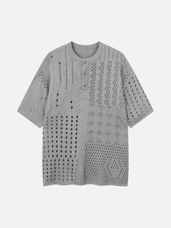 Front view of a gray openwork knit short-sleeve sweater by TALISHKO, featuring unique patterns.