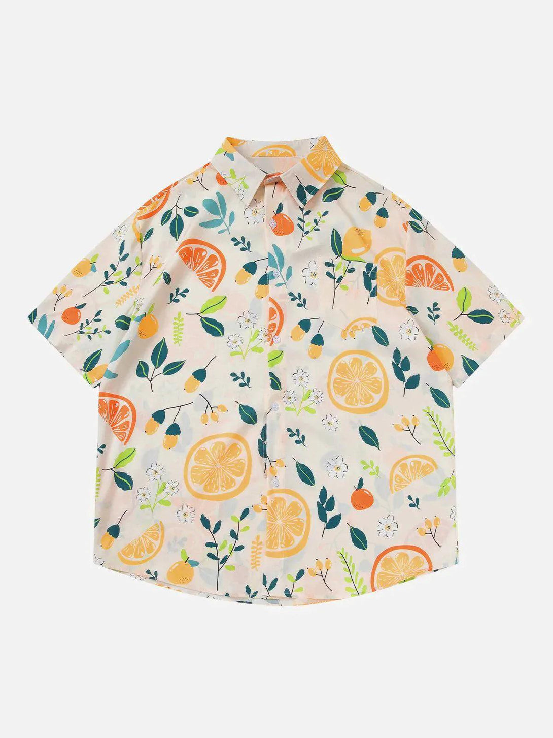 Front view of a vibrant orange print short sleeve shirt by TALISHKO, perfect for casual wear.