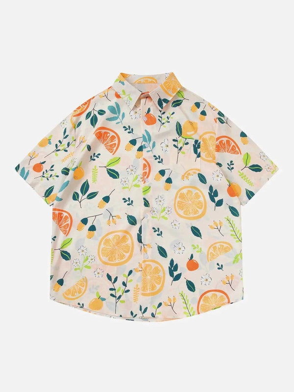 Front view of a vibrant orange print short sleeve shirt by TALISHKO, perfect for casual wear.