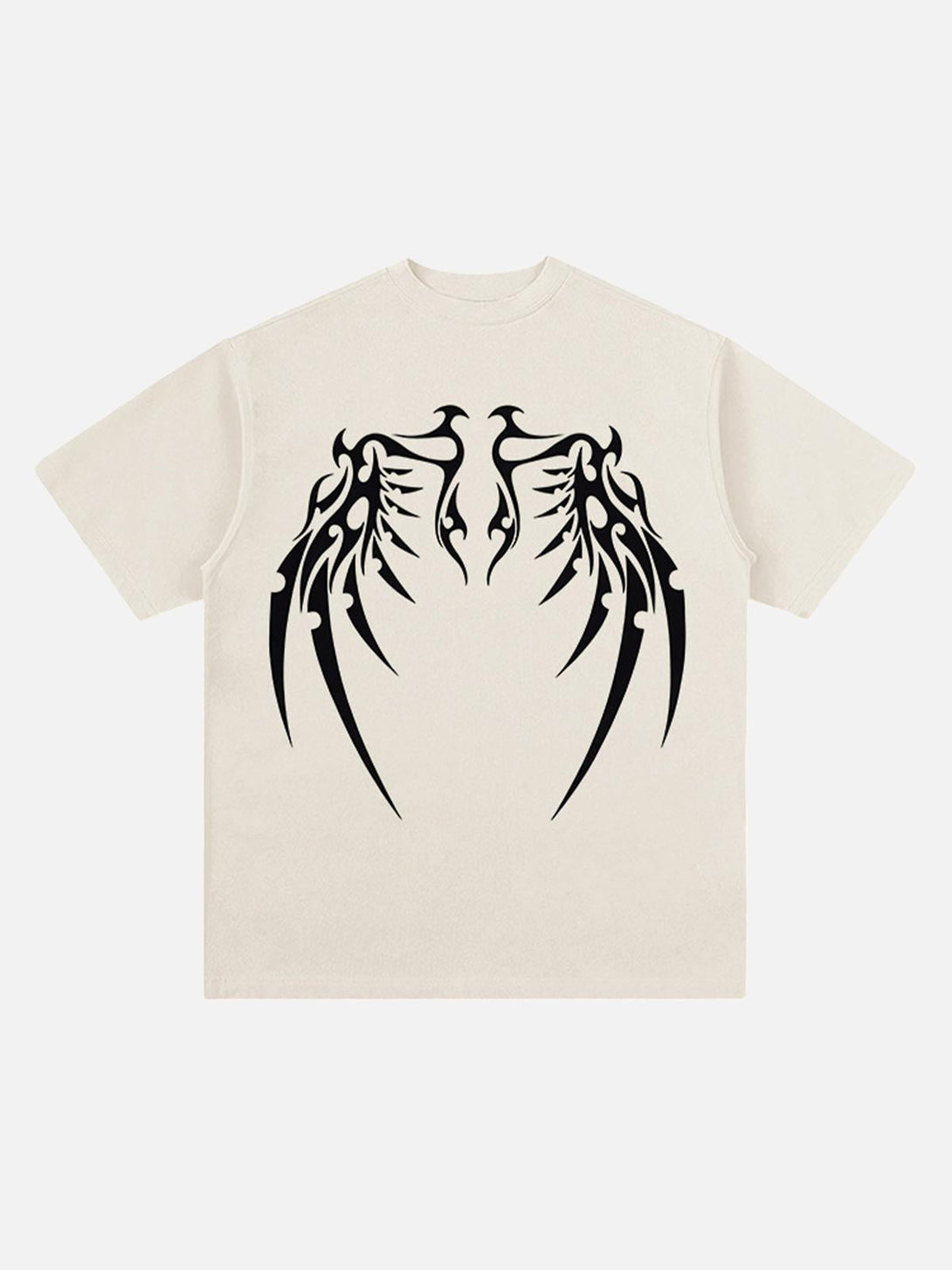Front view of a beige street rap T-shirt featuring a striking bone wing design by TALISHKO.