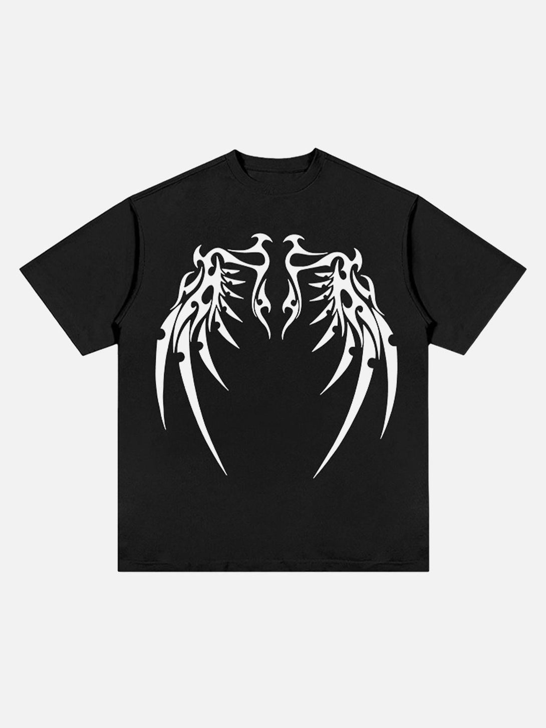 Front view of a black street T-shirt with striking bone wing design by TALISHKO.