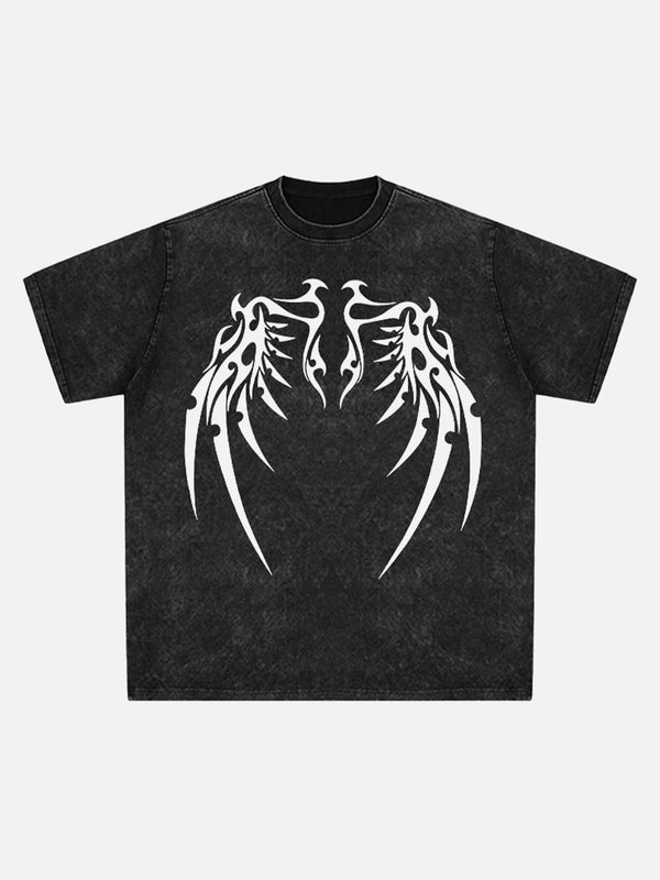 Front view of a dark gray street rap T-shirt featuring a bold bone wing design by TALISHKO.