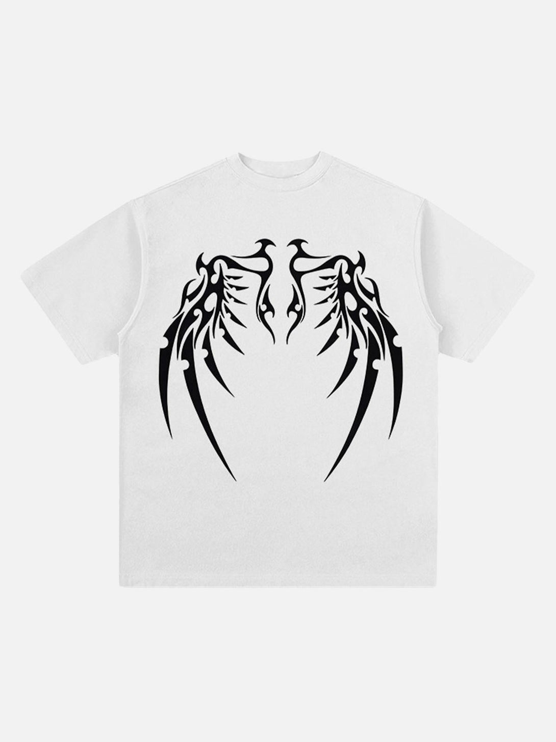 Front view of a white street rap T-shirt with bold bone wing design by TALISHKO.