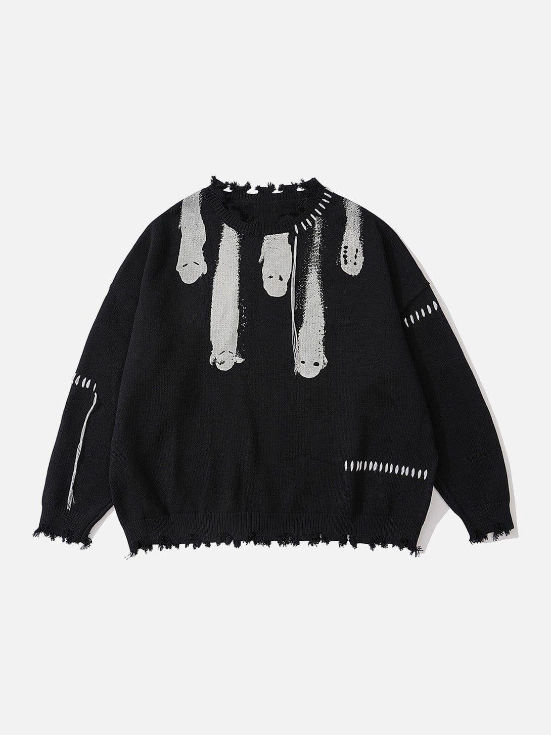 Front view of TALISHKO knit sweater in black with abstract white design and frayed edges.