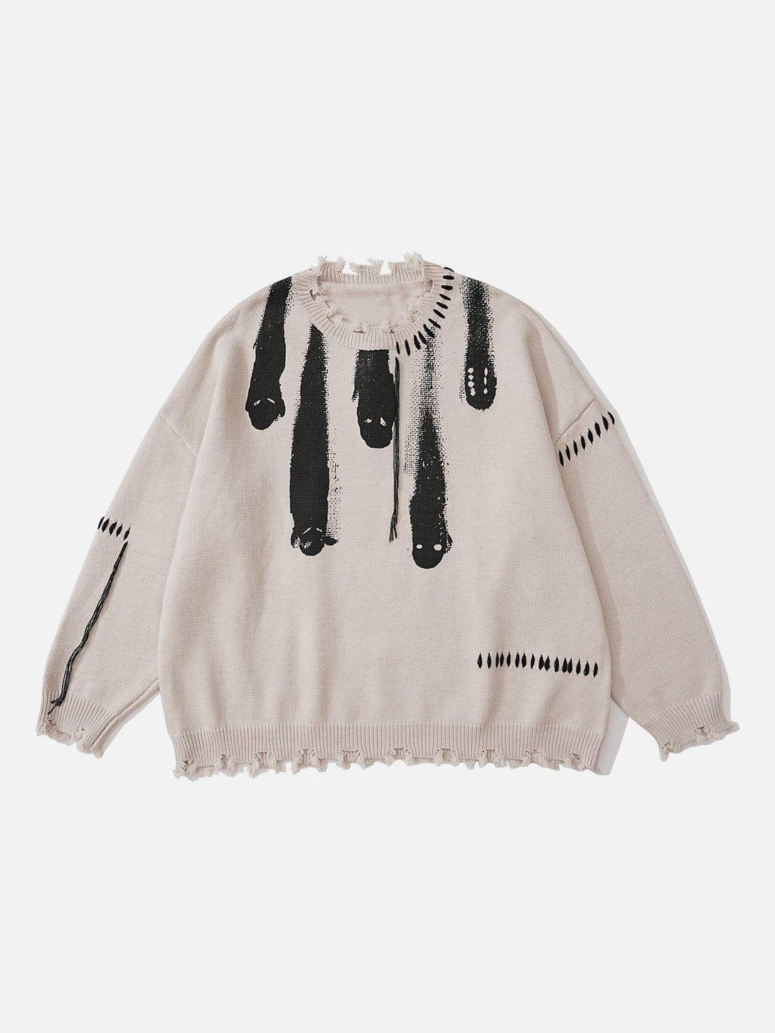 Front view of TALISHKO sweater in light gray with abstract black design and frayed edges.