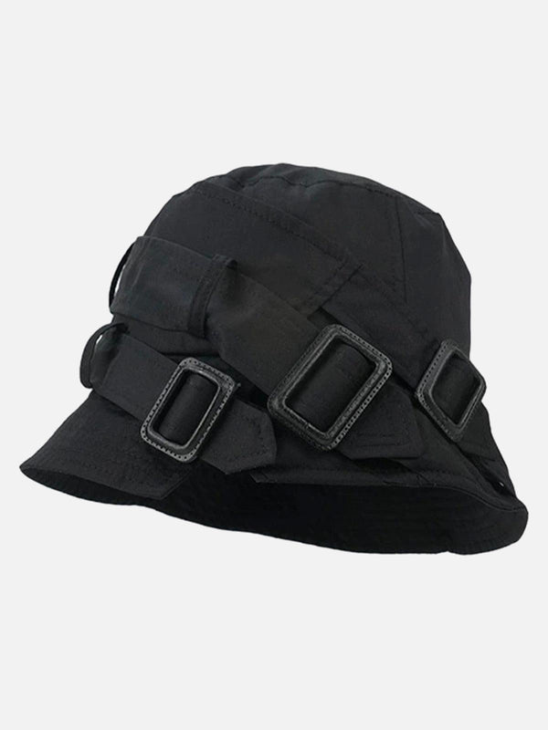 Black bucket hat with adjustable buckles, showcasing urban style by TALISHKO.
