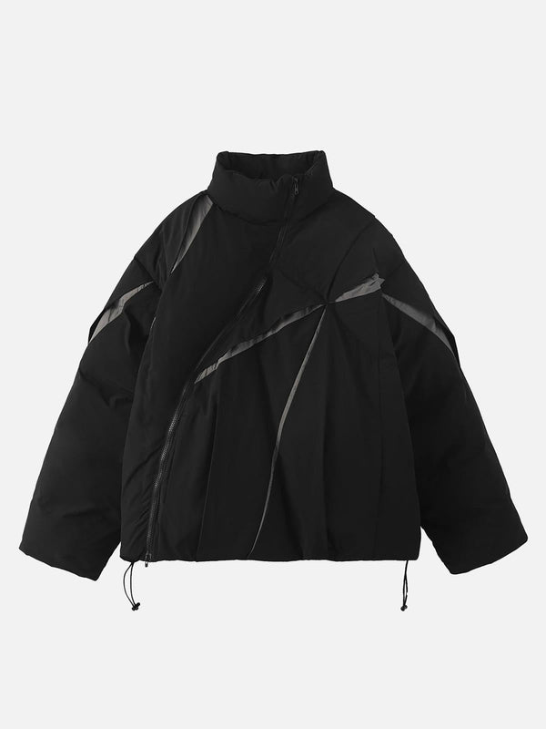 Front view of a black oversize deconstructed cotton jacket by TALISHKO, ideal for urban style.