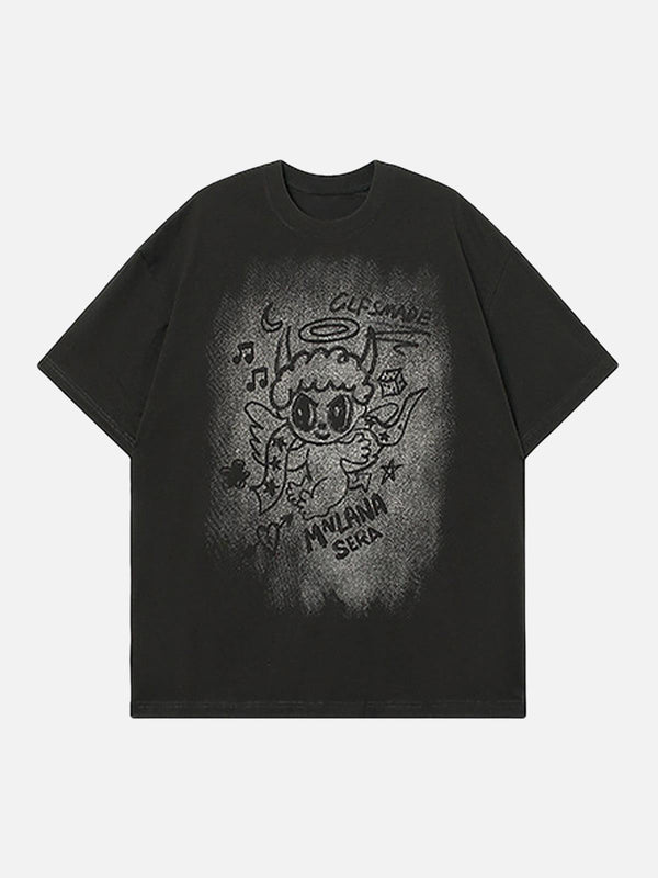 Front view of a gray oversized angel graphic T-shirt by TALISHKO, showcasing playful design.