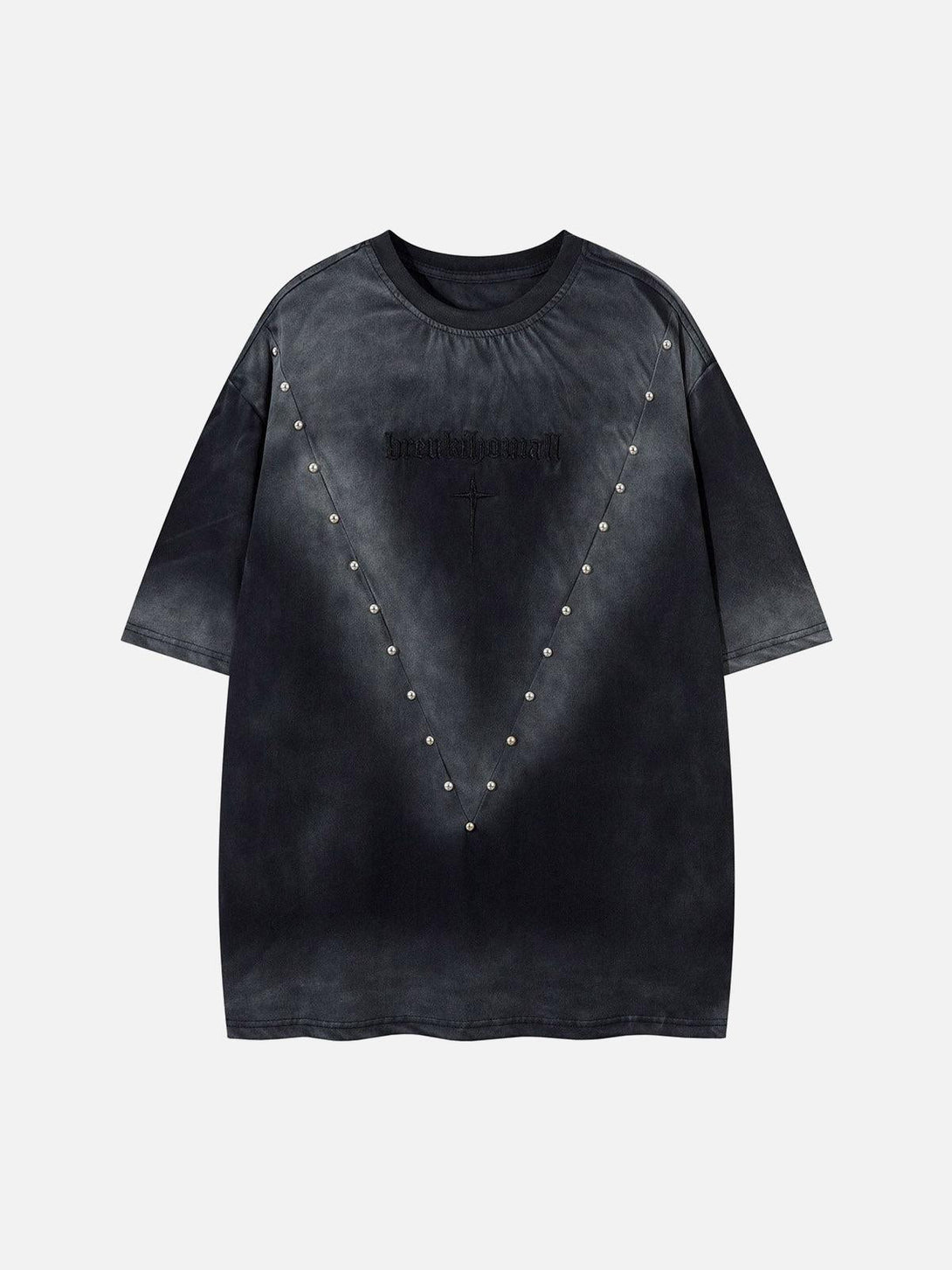 Front view of TALISHKO black oversized t-shirt with cross and stud details, great for casual looks.