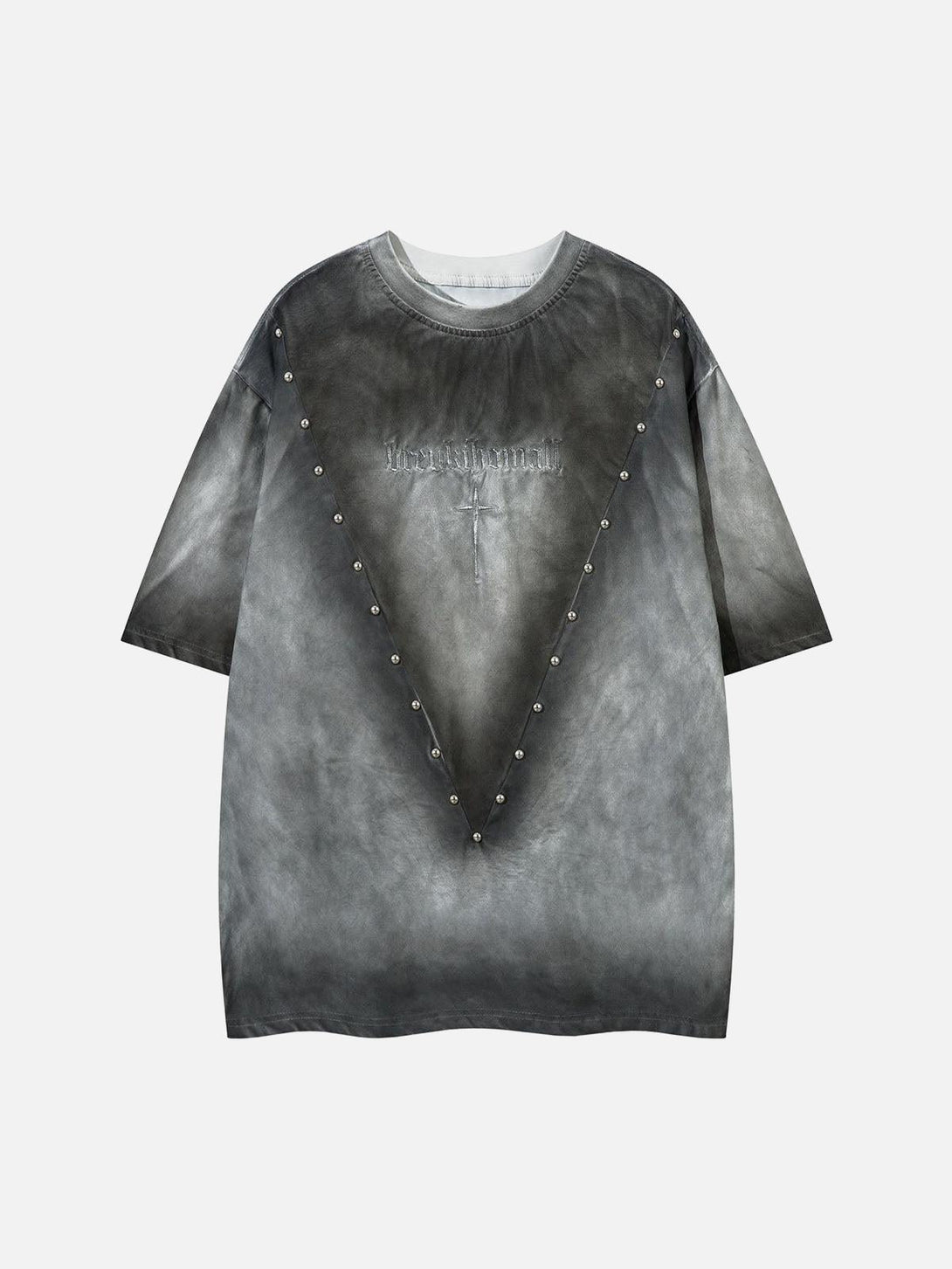 Front view of TALISHKO gray oversized t-shirt featuring cross and stud details, ideal for casual summer style.