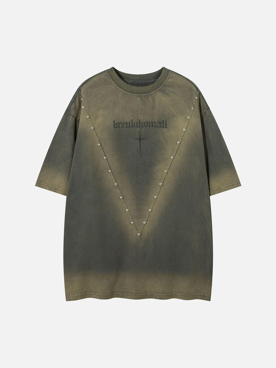 Front view of TALISHKO oversized green t-shirt with cross and stud details, perfect for casual wear.
