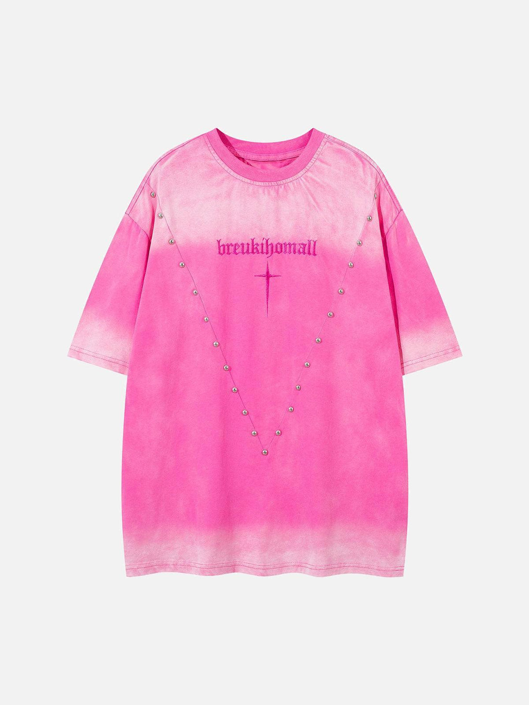 Front view of TALISHKO pink oversized t-shirt with cross and stud embellishments, perfect for casual vibes.