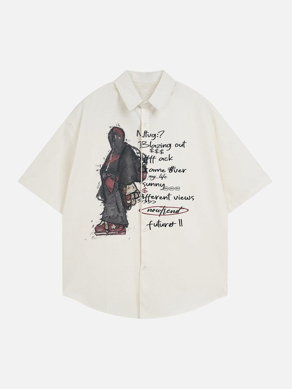 Front view of an apricot short-sleeve shirt by TALISHKO, showcasing a bold graphic design.