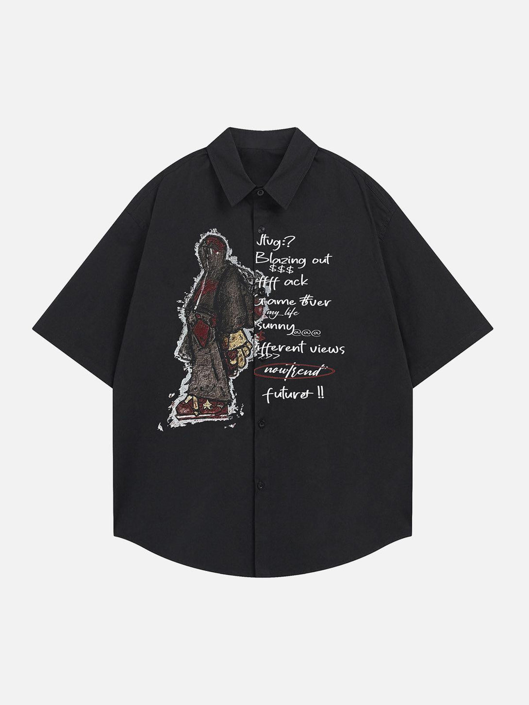 Front view of a black short-sleeve shirt by TALISHKO, featuring a striking graphic design.
