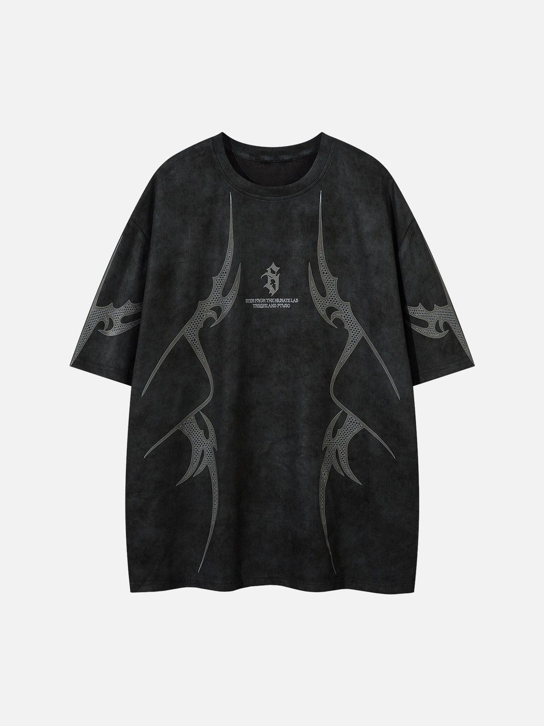 Front view of a black oversized suede print t-shirt by TALISHKO with graphic detailing.