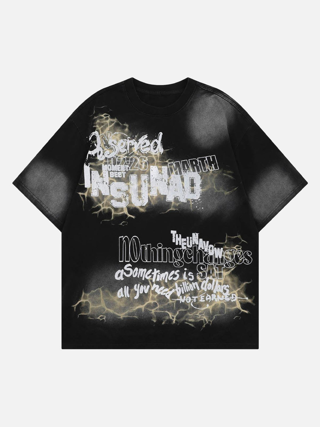 Front view of black oversized letter graphic T-shirt by TALISHKO, featuring bold text designs.