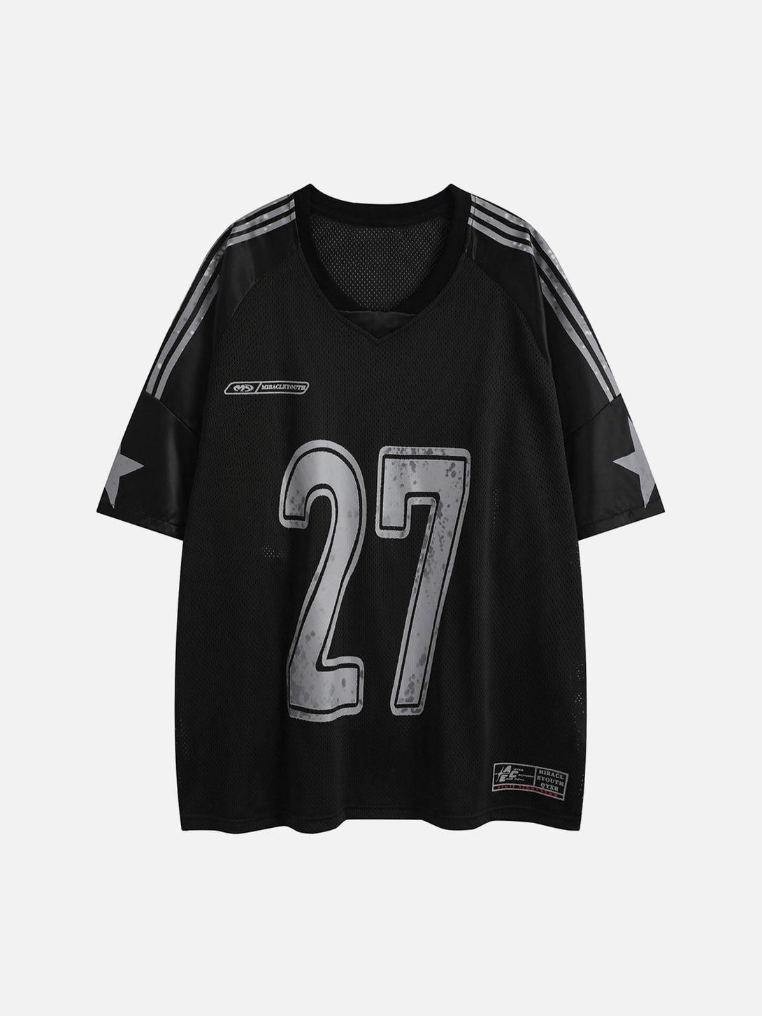 Front view of a black oversized jersey T-shirt with number 27, designed by TALISHKO.