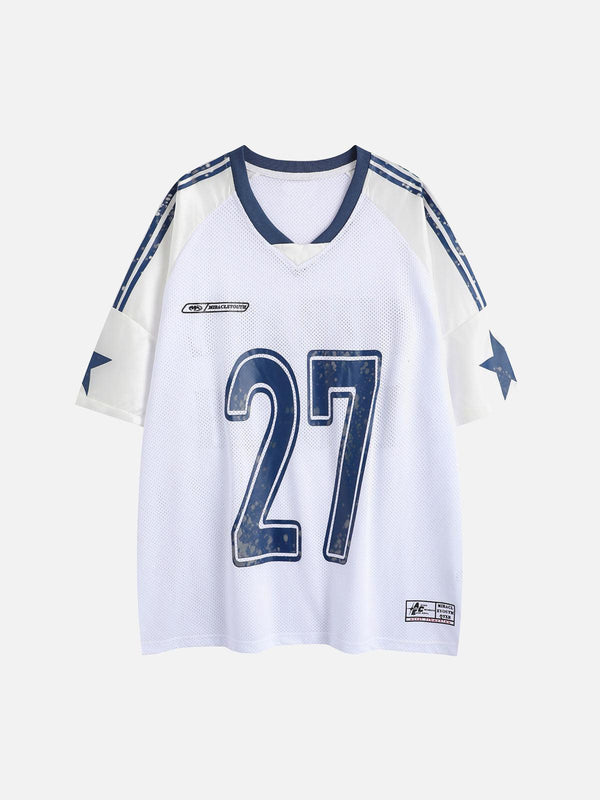 Front view of a white oversized sports jersey T-shirt, featuring the number 27, by TALISHKO.