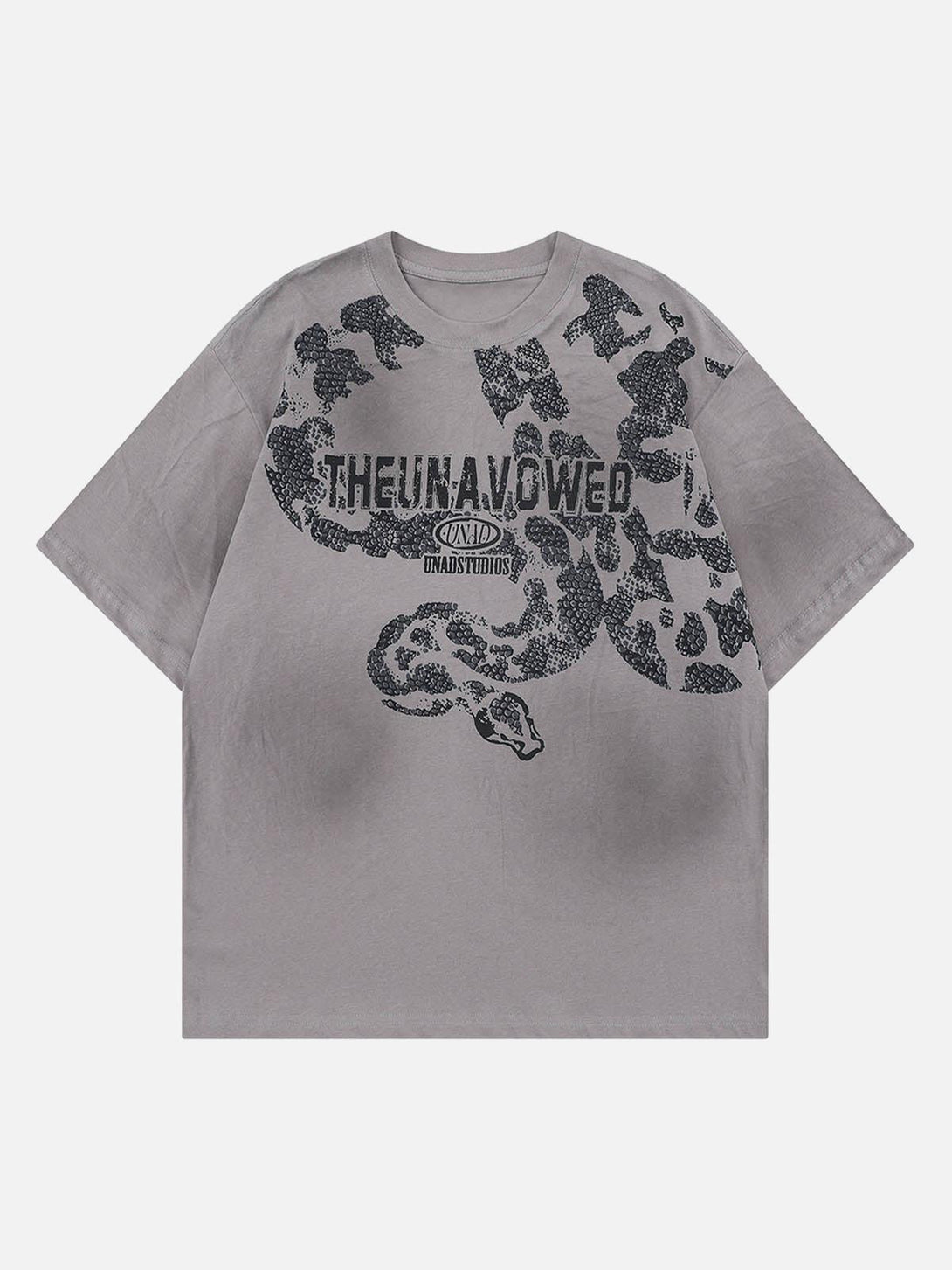 Front view of a gray oversized snake graphic T-shirt by TALISHKO, showcasing bold patterns.