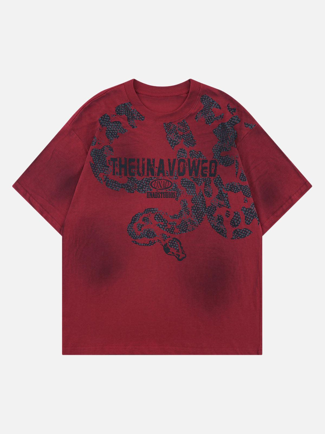 Front view of a red oversized snake graphic T-shirt by TALISHKO, featuring bold design elements.