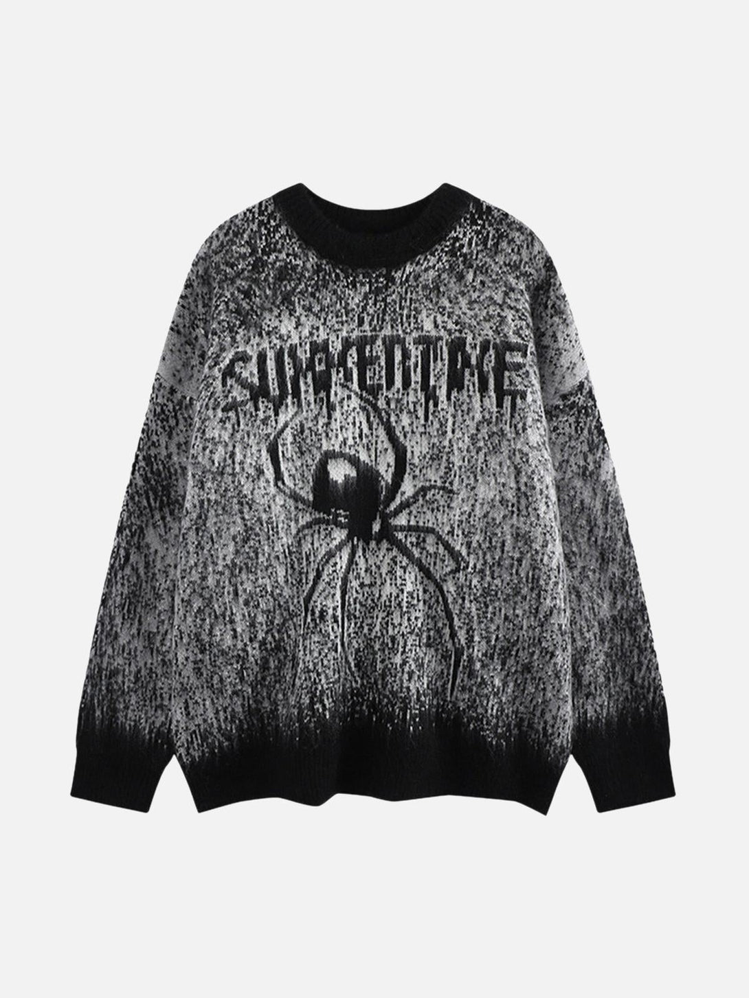 Front view of a black oversized spider sweater by TALISHKO, blending edgy style with comfort.