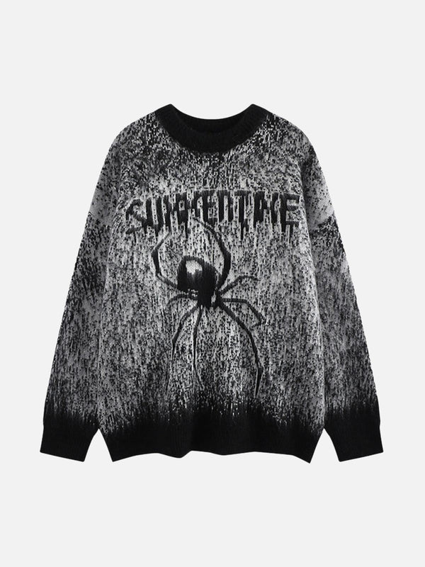 Front view of a black oversized spider sweater by TALISHKO, blending edgy style with comfort.