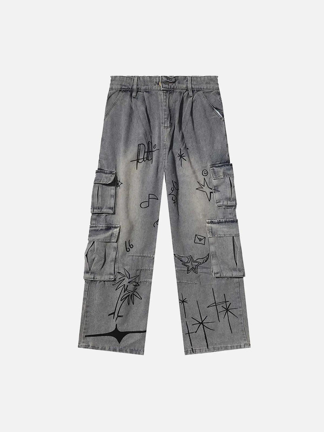 Gray multi-pocket cargo jeans with artistic designs, front view by TALISHKO.