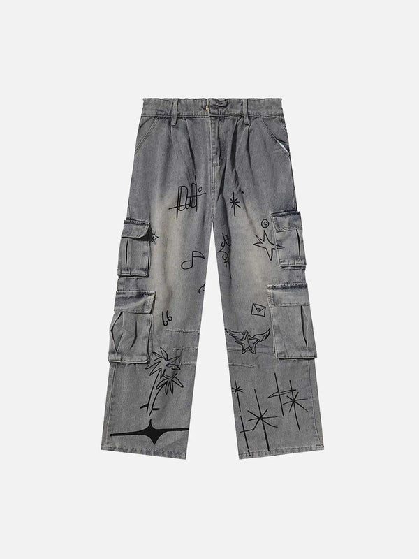 Gray multi-pocket cargo jeans with artistic designs, front view by TALISHKO.