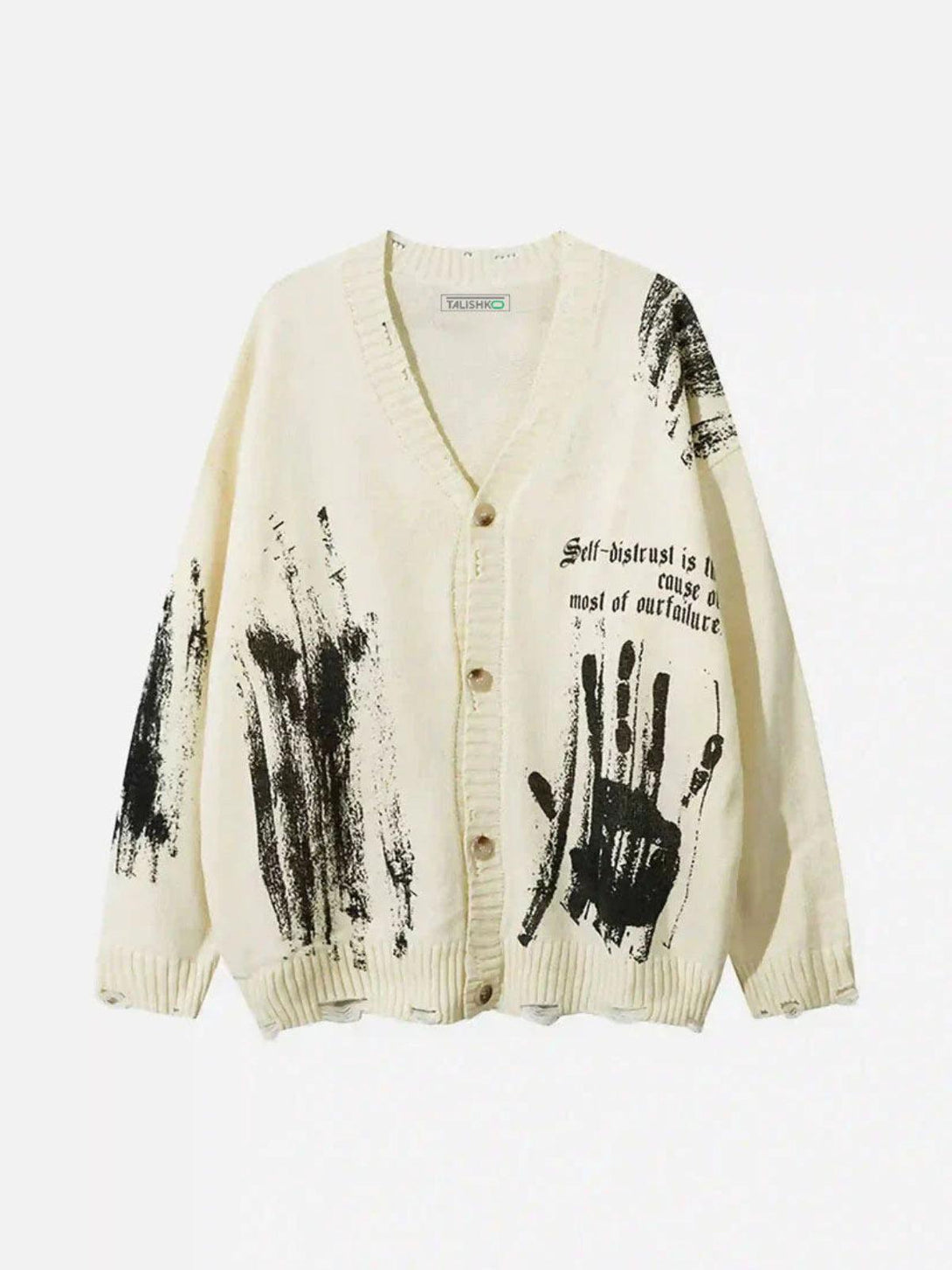 Apricot cardigan with graffiti design and a bold handprint by TALISHKO, front view.