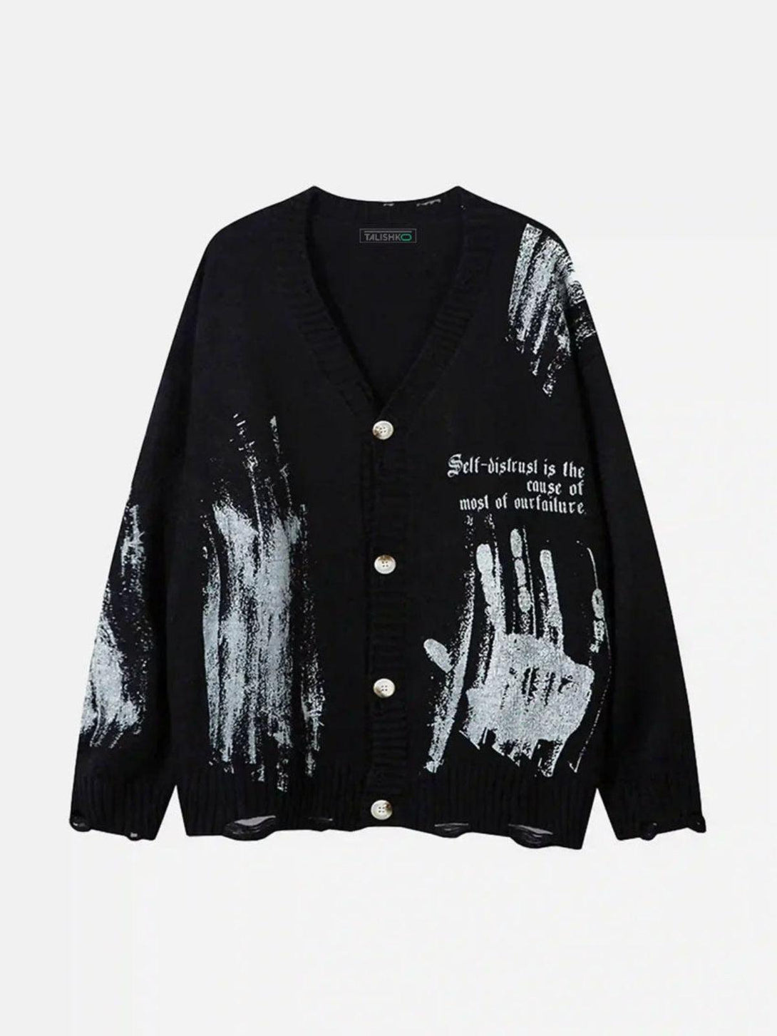 Front view of black cardigan with graffiti and handprint design by TALISHKO.