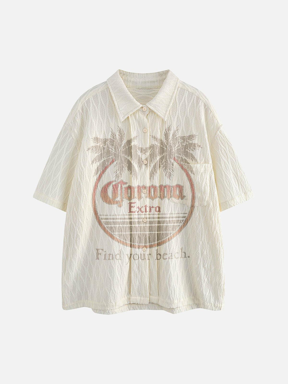 Front view of apricot palm tree short-sleeve shirt by TALISHKO, featuring a textured design.