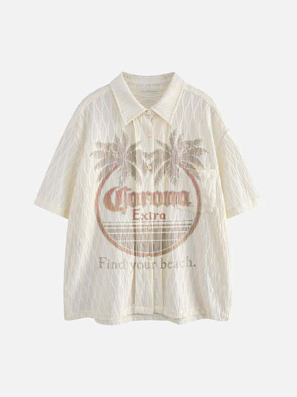 Front view of apricot palm tree short-sleeve shirt by TALISHKO, featuring a textured design.