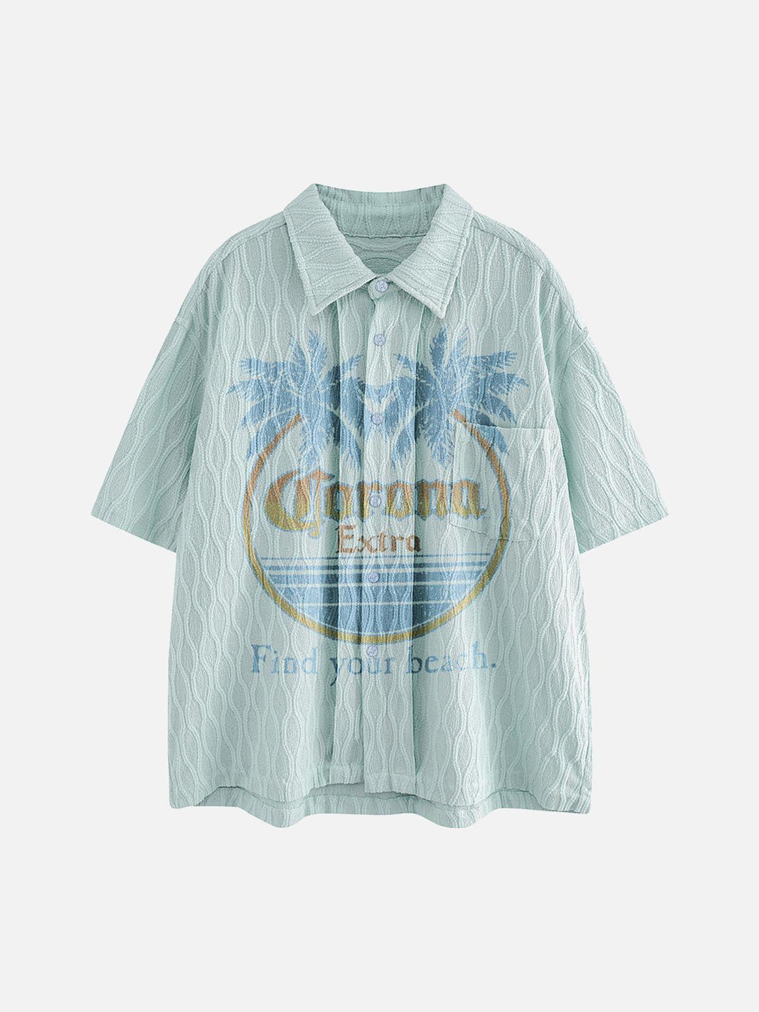 Front view of a blue palm tree short-sleeve shirt by TALISHKO, featuring a textured pattern.