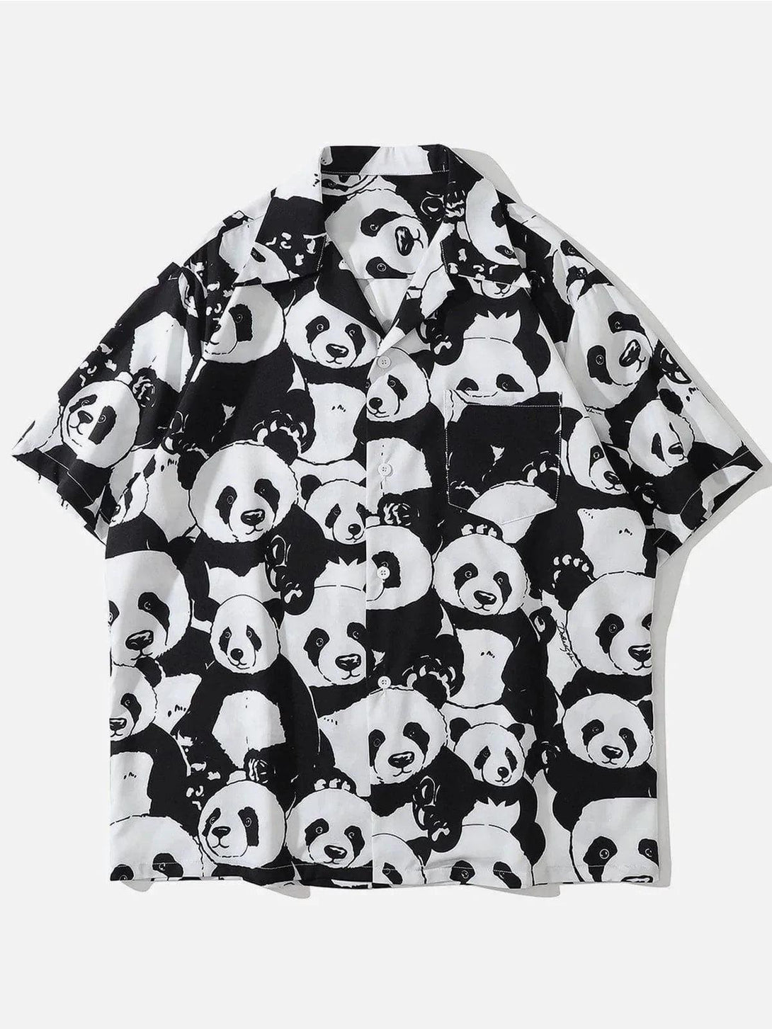 Front view of black panda print short-sleeved shirt by TALISHKO, ideal for casual wear.