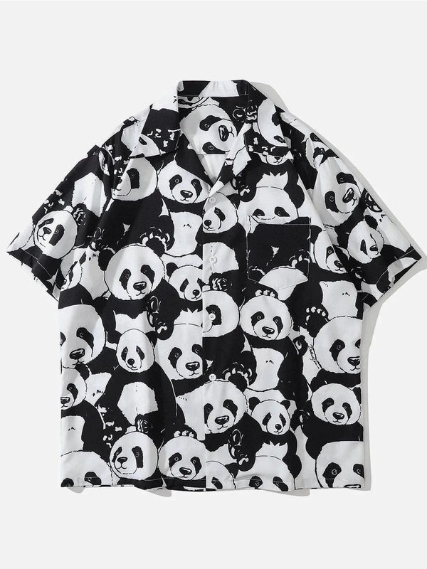 Front view of black panda print short-sleeved shirt by TALISHKO, ideal for casual wear.