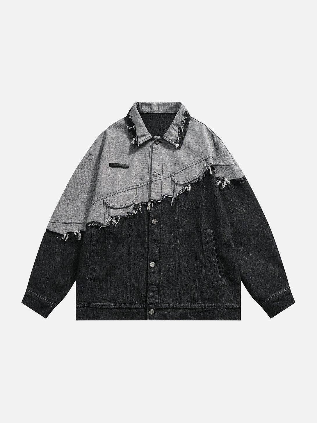 Front view of TALISHKO's black-gray paneled denim jacket with frayed details for urban style.