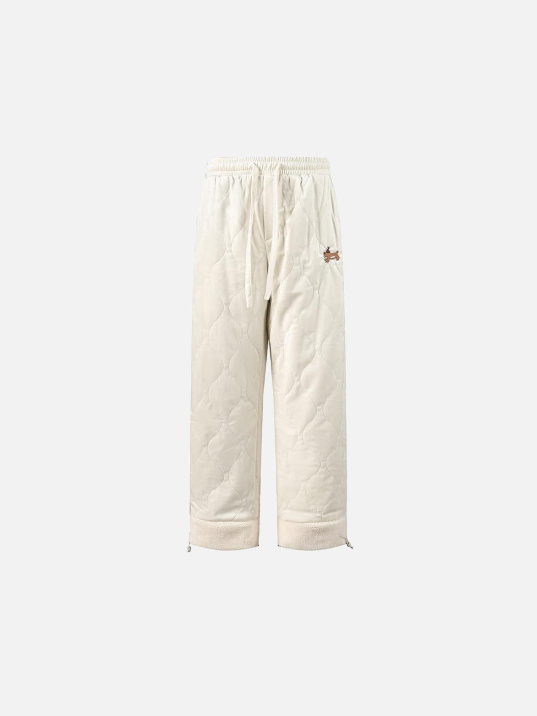 Front view of beige paneled padded sweatpants by TALISHKO, featuring a quilted design.