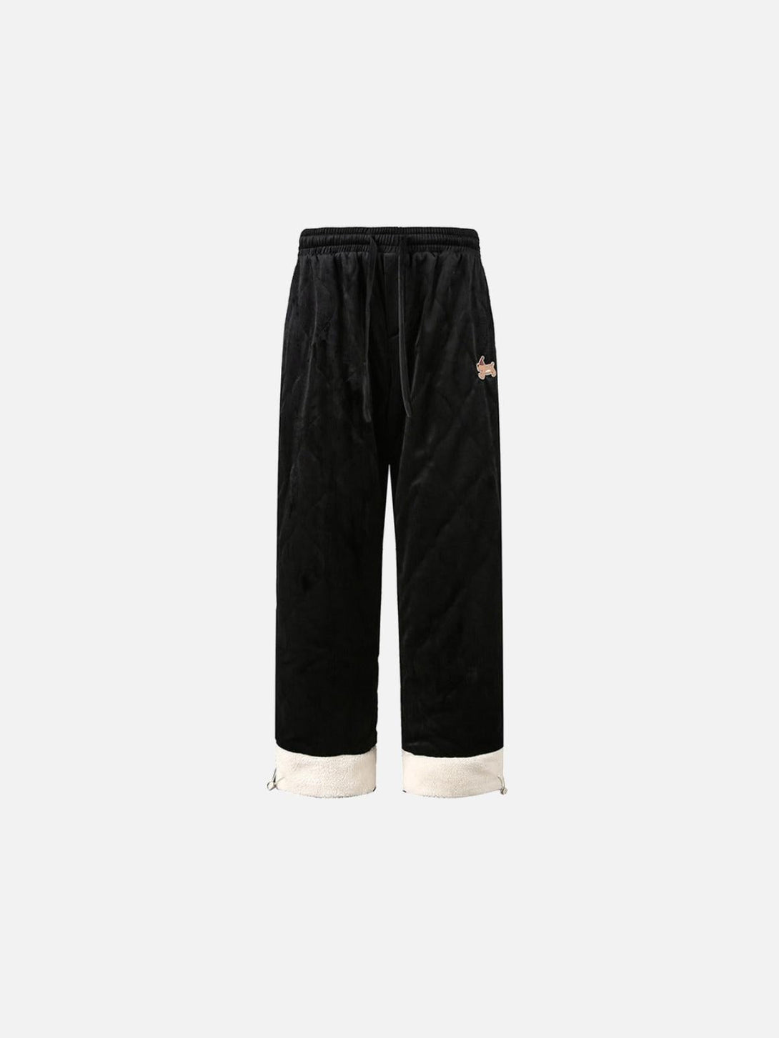 Front view of black paneled padded sweatpants by TALISHKO, featuring cozy, cuffed hems.