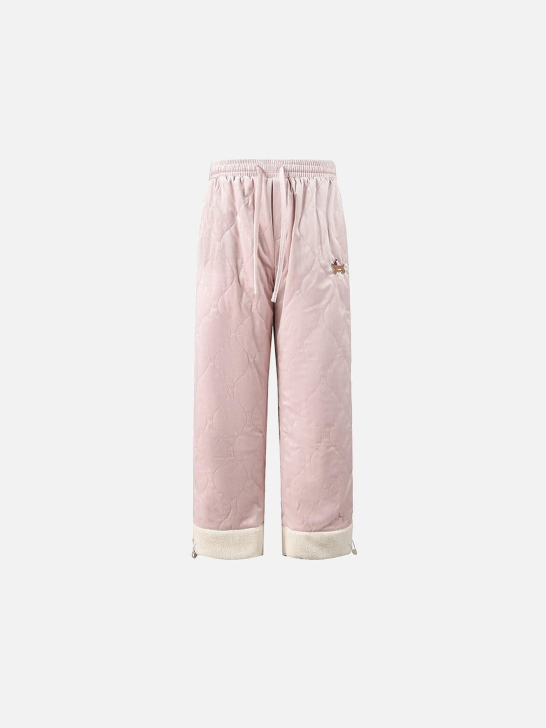 Front view of pink paneled padded sweatpants by TALISHKO, featuring a quilted texture and cuffed hems.