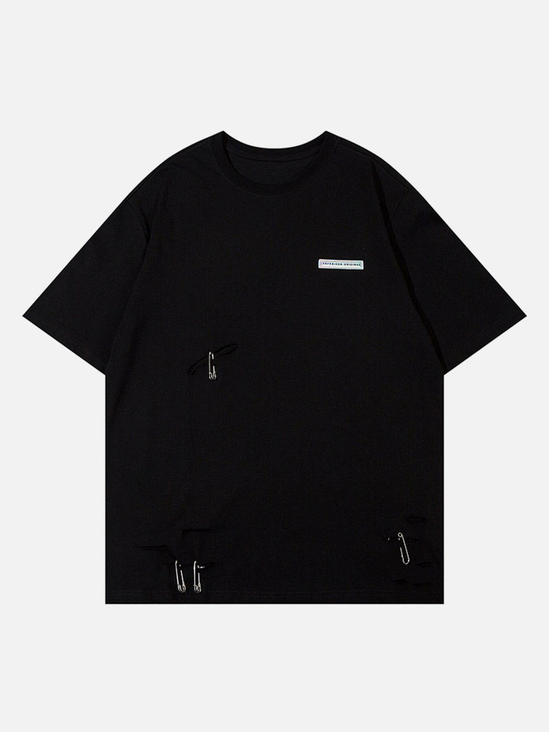 Front view of a black tee with paper clip details, a unique design by TALISHKO.